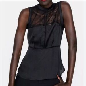 Zara Black Sleeveless Tank Top Sz L Lace  Dressy Satin Mock Neck Back Buttons